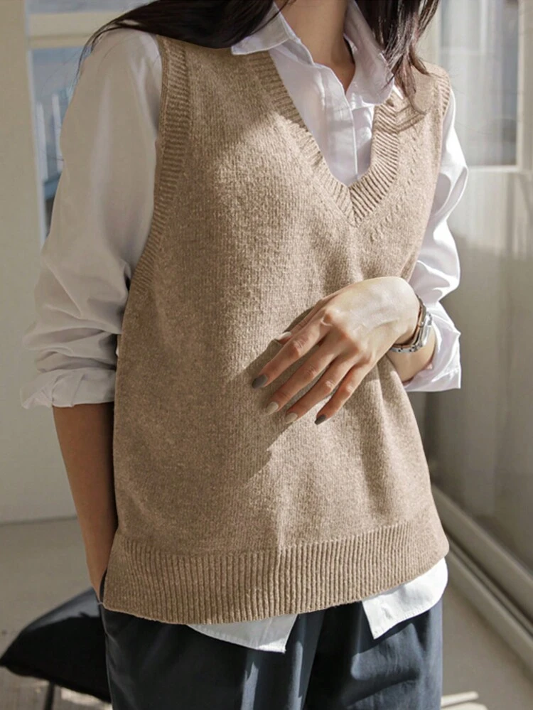 Solid V Neck Sweater Vest Without Blouse