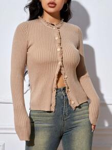SHEIN EZwear Frill Trim Button Front Ribbed Knit Cardigan - Khaki - View 6