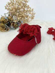 婴儿鞋蕾丝花软底步行鞋适合生日、洗礼和派对，配有头带 - 紅色 - 查看 5