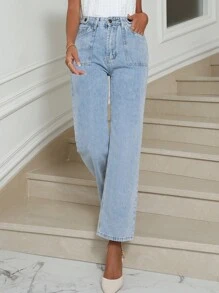 SHEIN Privé High Waist Straight Leg Jeans - Blue - View 4