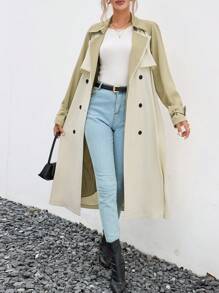 SHEIN Essnce 雙色雙排釦腰帶風衣外套 - 卡其色 - 查看 1