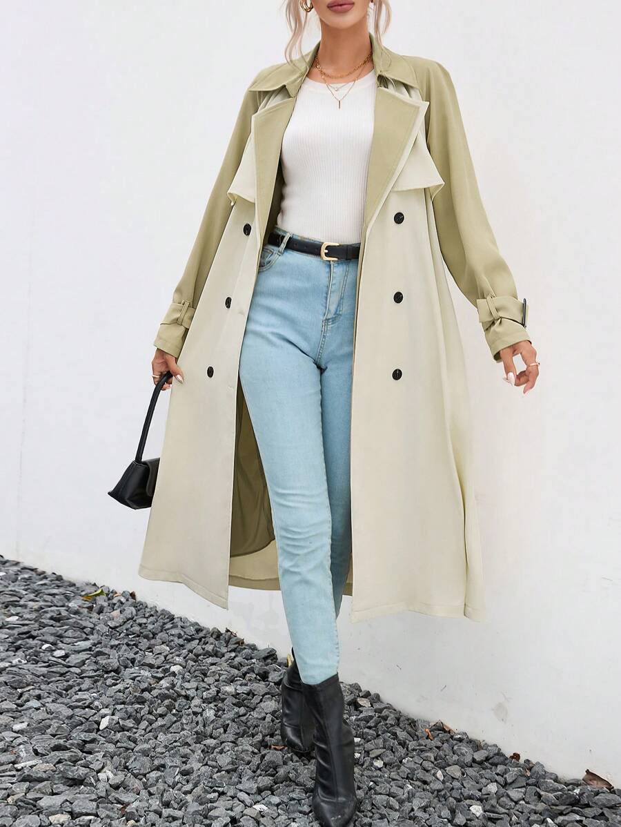 SHEIN Essnce 雙色雙排釦腰帶風衣外套 - 卡其色 - 查看 1