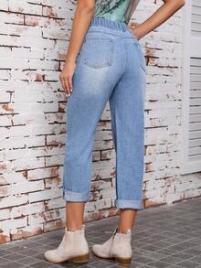 SHEIN LUNE Roll Up Hem Drawstring Waist Carrot Jeans - Blue - View 2