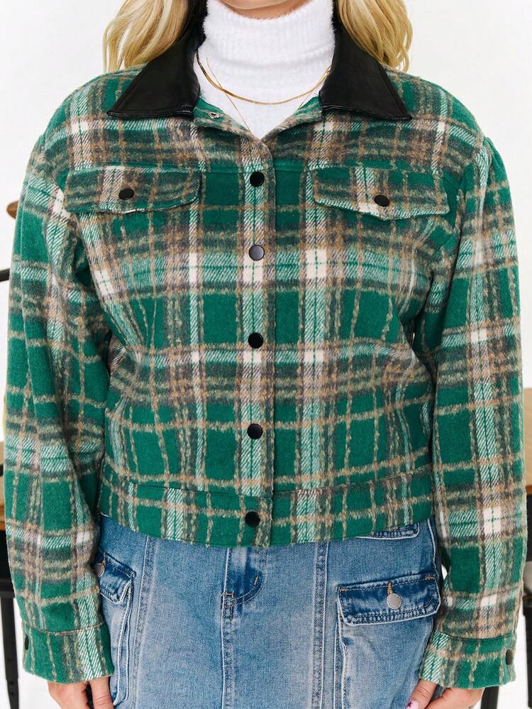 Plaid Print Drop Shoulder Flap Pocket Jacket