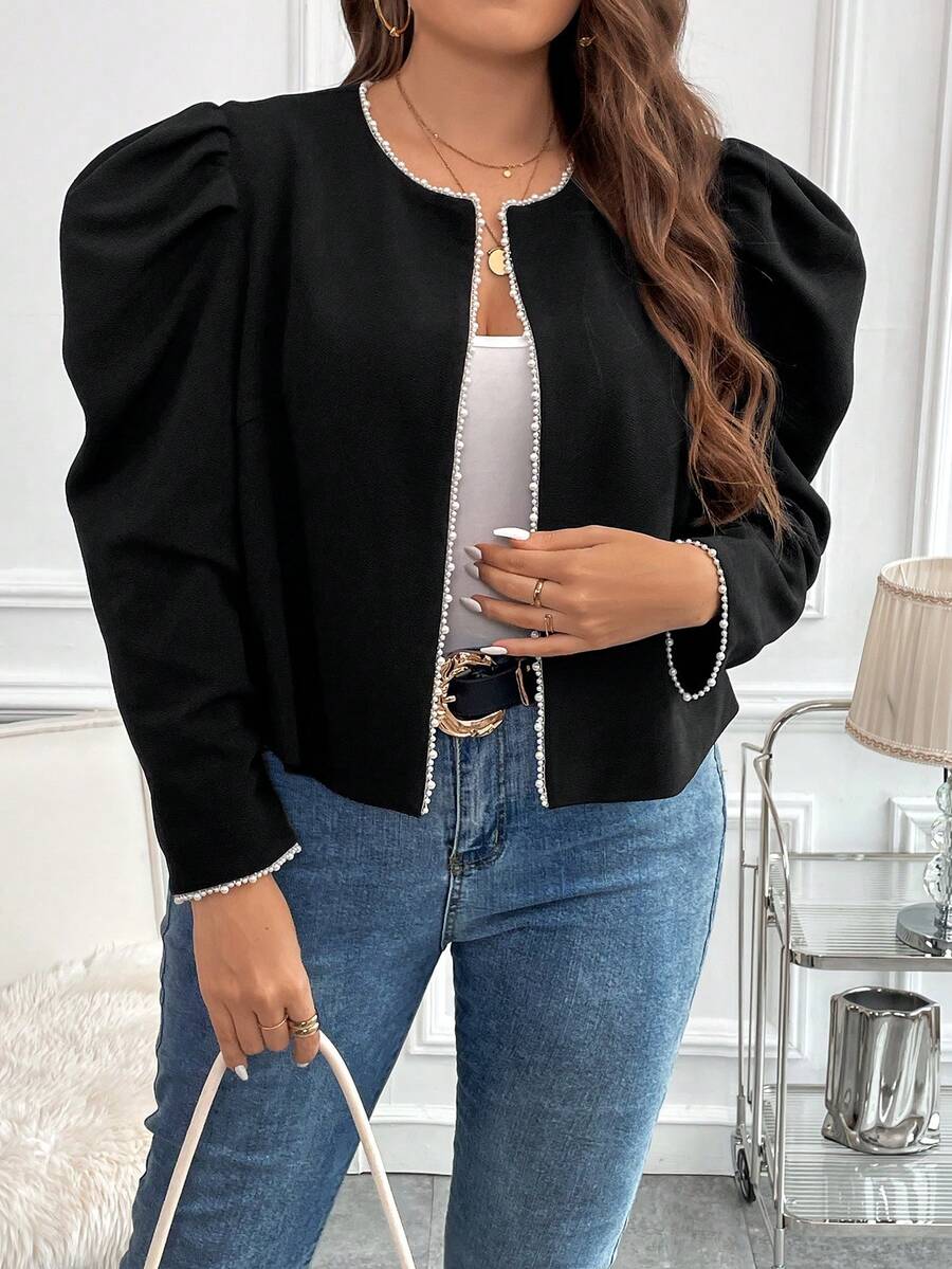 SHEIN Clasi Plus Gigot Sleeve Open Front Jacket - Black - View 1