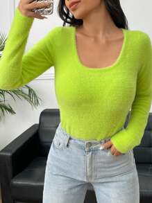 SHEIN EZwear Solid Scoop Neck Fuzzy Knit Sweater Bodysuit