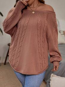 SHEIN LUNE Plus Off Shoulder Cable Knit Sweater - Camel - View 3