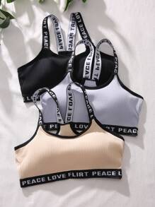 Shein Underwear&Sleepwear Basics Yoga 3pcs Letter Graphic Contrast Binding Bralette Sports