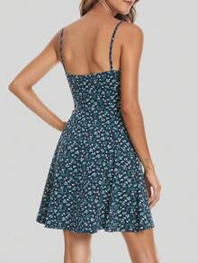 小碎花正面花卉抽繩吊帶洋裝 - 綠色 - 查看 2