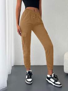 EURMUSE Flap Pocket Side Drawstring Waist Sweatpants - Brown - View 5