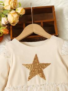 SHEIN Young Girl Sequin Star Pattern Contrast Mesh Hem Dress - Champagne - View 5