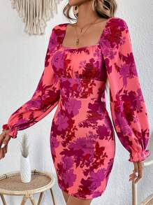 SHEIN VCAY 花卉印花方領喇叭袖洋裝 - 紅色 - 查看 5