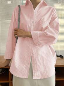 DAZY Camisa de manga larga con bolsillo y parche, con rayas verticales y hombros caídos, ropa de otoño - Rosa - Ver 4