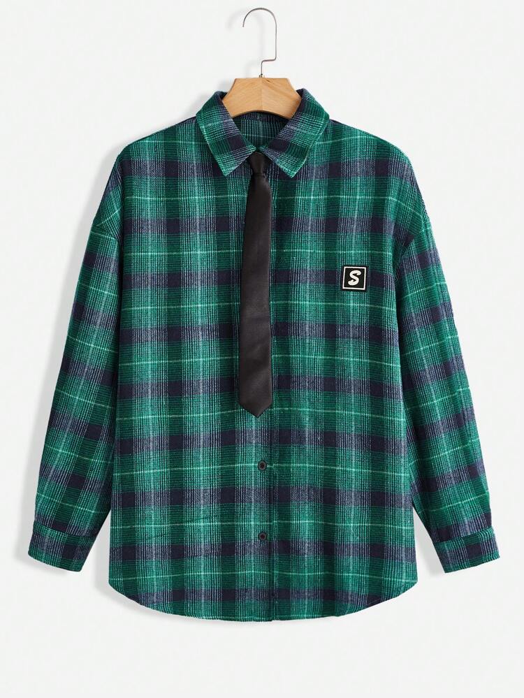 Plaid Print Drop Shoulder Shirt With Necktie