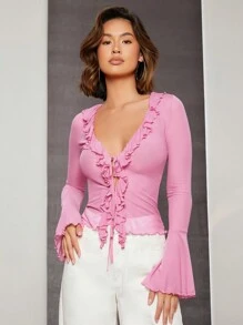 SHEIN BAE Ruffle Trim Flare Sleeve Tie Front Top - Pink - View 1