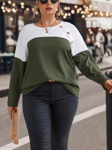 SHEIN LUNE Plus Two Tone Button Detail Raglan Sleeve Tee Graphic Tees Women Tops Fall Cloth For Women - Multicolor - View 5