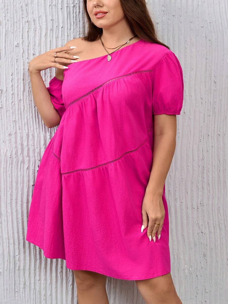 SHEIN Privé Plus Asymmetrical Neck Puff Sleeve Smock Dress - Hot Pink - View 1