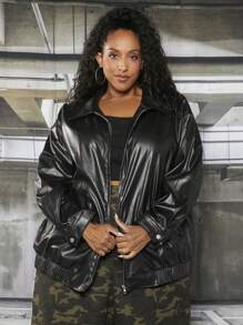 SHEIN CURVE+ Plus Solid Zip Up Drop Shoulder PU Coat - Black - View 4