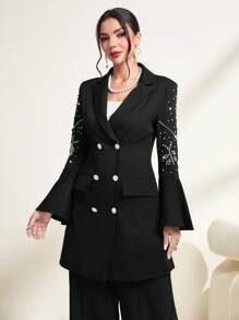 Modelyn Rhinestone Detail Flounce Sleeve Double Breasted Blazer Fall Cloth For Women - Black - View 6