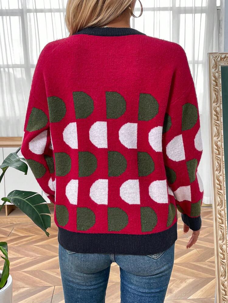 Polka Dot Pattern Drop Shoulder Contrast Trim Knit Pullover Fall Winter Sweater