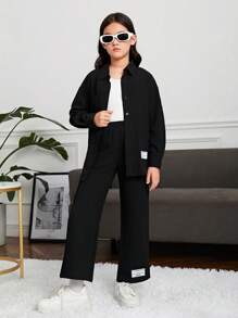 SHEIN 女大童標語圖案落肩袖襯衫&喇叭褲 - 黑色 - 查看 5