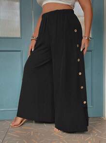 Calvaya 大碼紐扣細節闊腿褲 - 黑色 - 查看 1