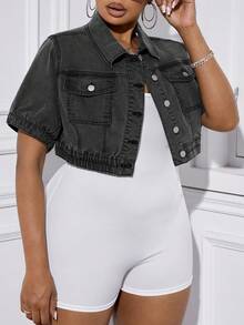 SHEIN Essnce Plus Flap Pocket Denim Jacket - Grey - View 4