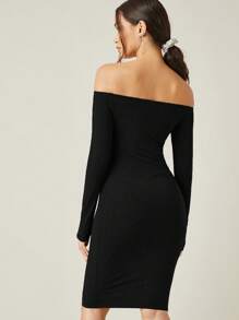 SHEIN BASICS 純色露肩貼身休閒晚餐約會禮服 - 黑色 - 查看 2