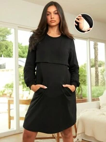 SHEIN 孕婦細節隱藏口袋洋裝 - 黑色 - 查看 1