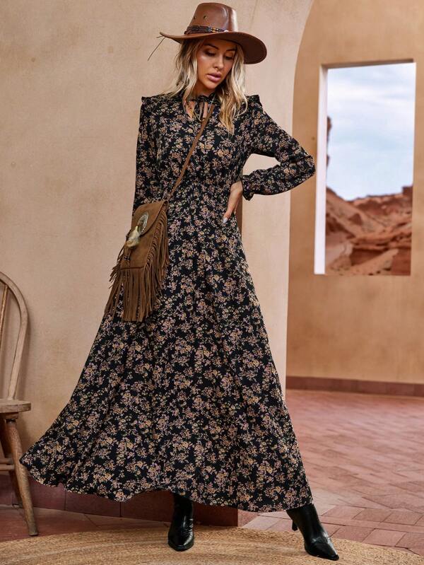 LanaWest Vestido largo con estampado floral diminuto y volantes, atuendo de vacaciones y playa para mujeres