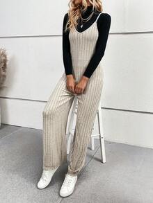 SHEIN LUNE 1入組羅紋針織吊帶連衣褲（無T恤） - 卡其色 - 查看 5