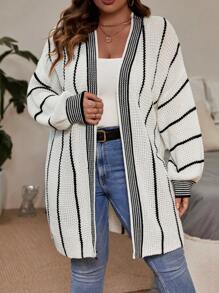 SHEIN LUNE Plus Striped Pattern Drop Shoulder Duster Cardigan - Black and White - View 4