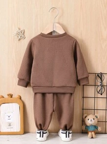 Baby Boy Letter Patched Sweatshirt & Sweatpants - Brown - View 2