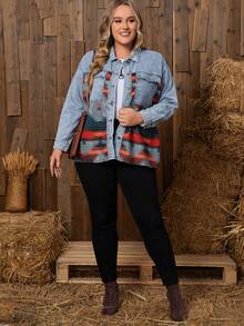 EMERY ROSE 大碼幾何印花落肩翻蓋口袋牛仔夾克 - 淺色水洗藍 - 查看 5