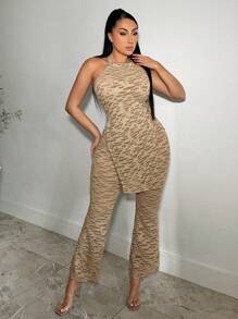 SHEIN SXY Zebra Striped Split Hem Halter Backless Top & Flare Leg Pants - Mocha Brown - View 1