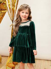 SHEIN Young Girl Knit Round Neck Velvet Contrast Mesh Tight Fitting Princess Dress, Mommy And Me Matching Outfits