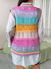 SHEIN Qutie 大碼1入組撞色網眼針織毛衣背心 - 彩色 - 查看 2