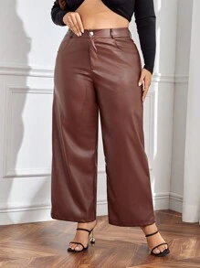 SHEIN Privé Plus High Waist PU Leather Wide Leg Pants - Coffee Brown - View 1