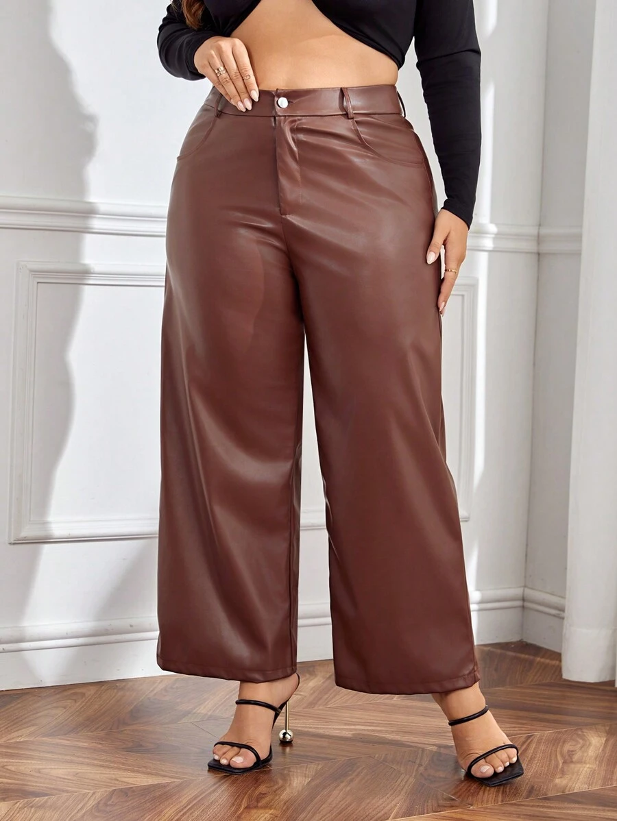 SHEIN Privé Plus High Waist PU Leather Wide Leg Pants - Coffee Brown - View 1