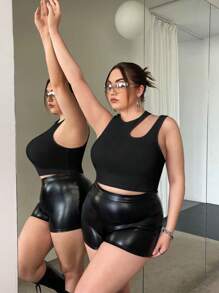 SHEIN ICON Plus 镂空短款背心，夏季 - 黑色 - 查看 4