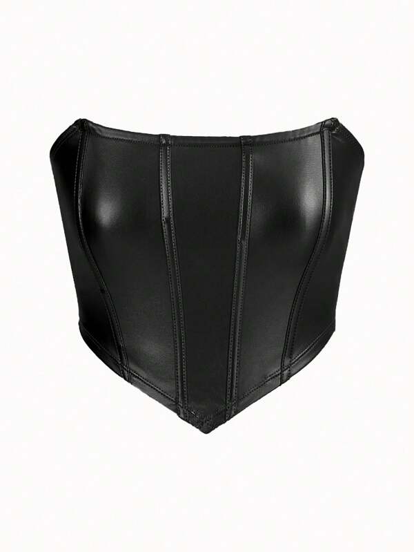 SHEIN ICON Hanky Hem PU Leather Tube Black Top