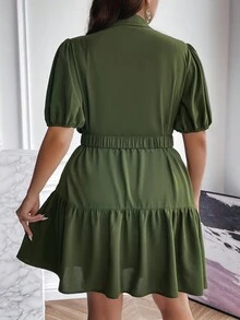 SHEIN LUNE 大碼泡泡袖荷葉邊下擺束帶襯衫洋裝