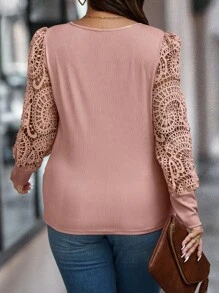 Calvaya 大碼蕾絲拼接燈籠袖T恤 - 粉色 - 查看 2