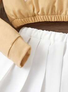 SHEIN 女大童字母圖案拼接領短款T恤&百褶半身裙 - 棕色 - 查看 3