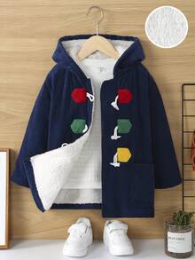 SHEIN 男小童雙口袋毛絨內襯連帽外套 - 藍色 - 查看 2