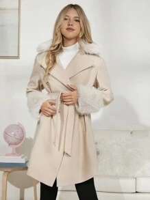 青少年女孩毛茸茸翻領腰帶花呢外套 - 杏色 - 查看 1
