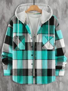 Manfinity Hypemode Men's Loose Fit Plaid Printed Drawstring Hooded Shirt (Without T-Shirt) - Green - View 1