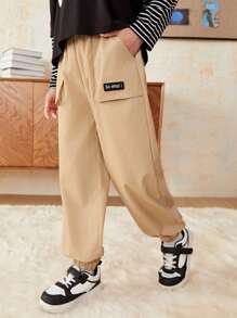 SHEIN Tween Boy Letter Patched Detail Flap Pocket Side Pants - Khaki - View 1