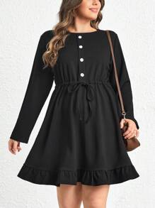 SHEIN LUNE Plus Size Solid Drawstring Waist Ruffle Hem Dress - Black - View 1