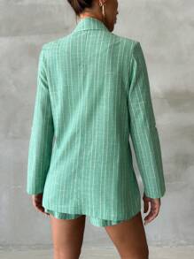 EURMUSE Striped Lapel Single-Breasted Suit Jacket And Shorts Set - Blue and White - View 2